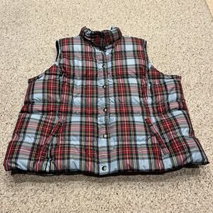Lands End Down Puffer Vest Sz 2X Blue Red Plaid Outdoor Preppy Casual Academia